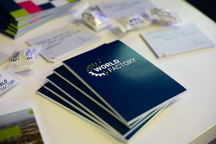 WORLDFACTORY notebooks on a table.