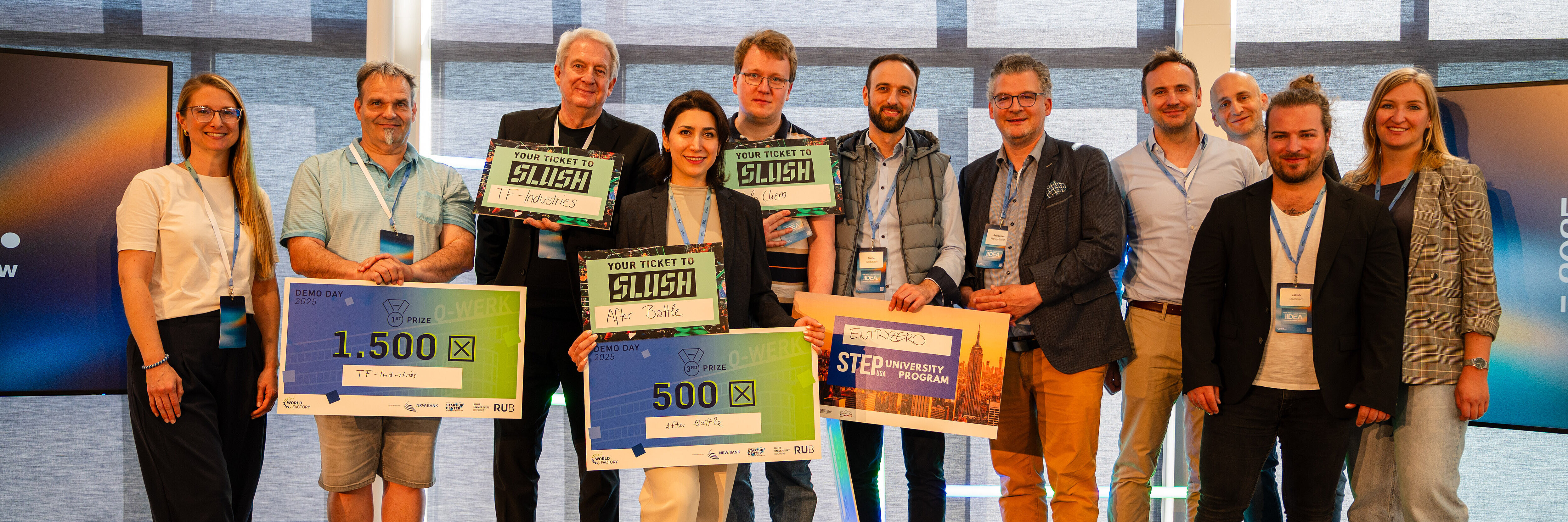 Group picture of the top 3 start-up teams on the stage at IDEA.2025.