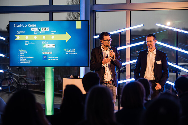 Start-up Inkubatoren Zwei Gründer pitchen auf der Bühne.